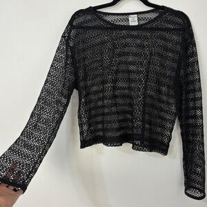 Black Mesh Crochet Knit Long Sleeve Top Grunge Goth Layering Boho Womens L 12-14
